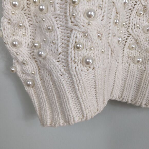 Vintage 90s Sweater Cable Knit Pearl Cropped Off White Coquette Feminine M - Picture 6 of 13